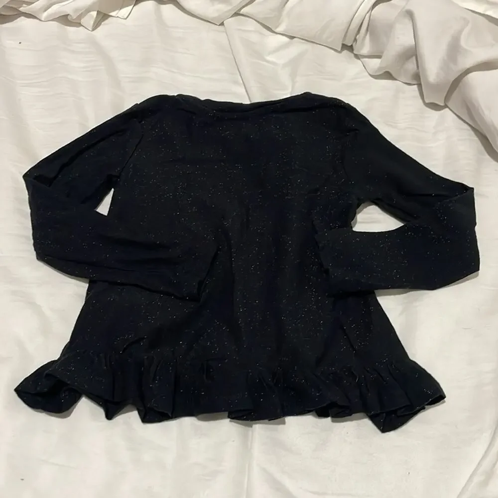 Ralph Lauren 5 black glitter long sleeve t with ruffled peplum like hemline euc